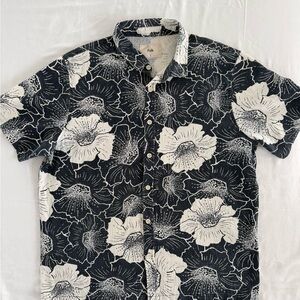 Folk Men’s Camp Shirt Large Navy White Floral Button Up Linen Cotton Blend